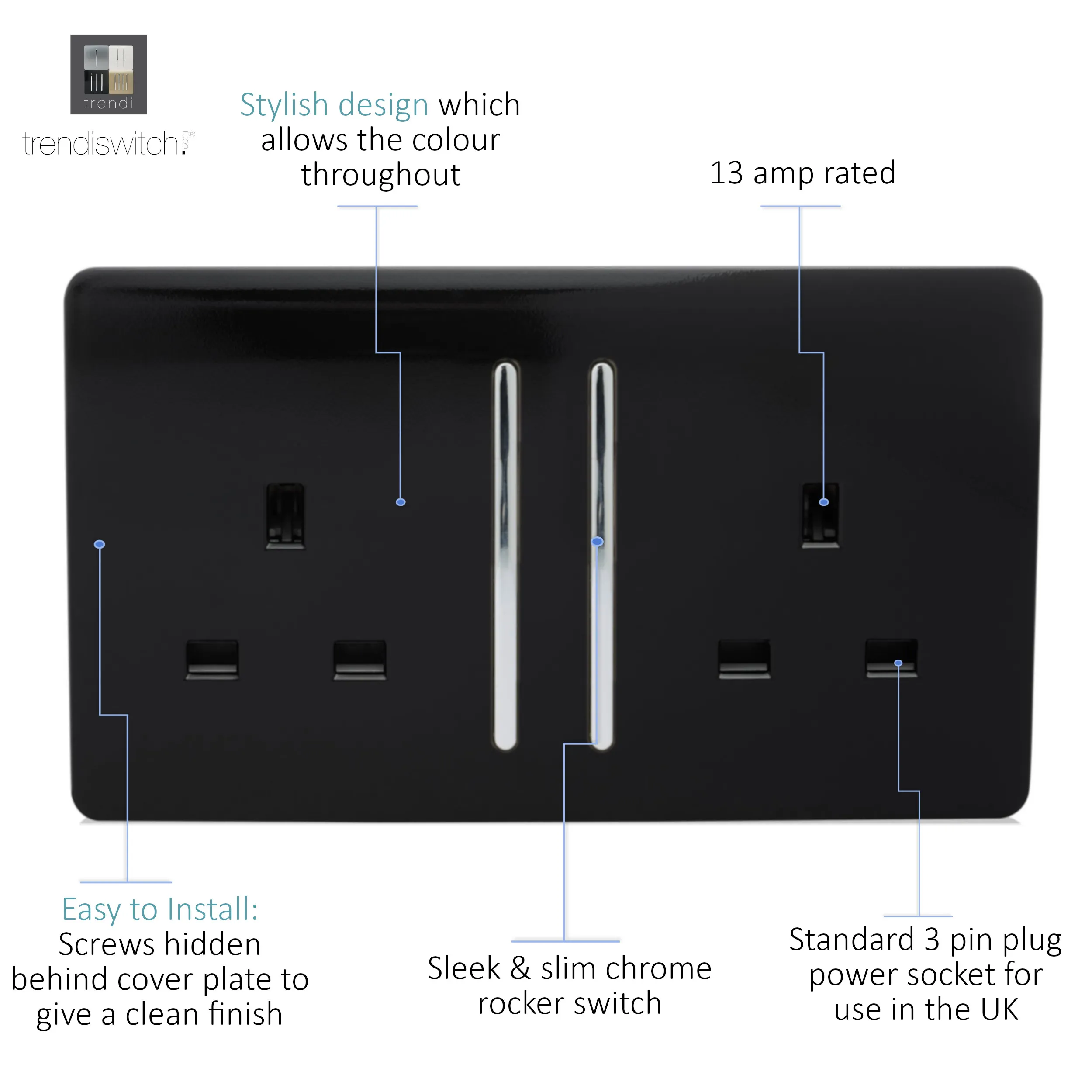 2 Gang 13Amp Long Switched Double Socket Gloss Black ART-SKT213LBK  Trendi Piano Black
